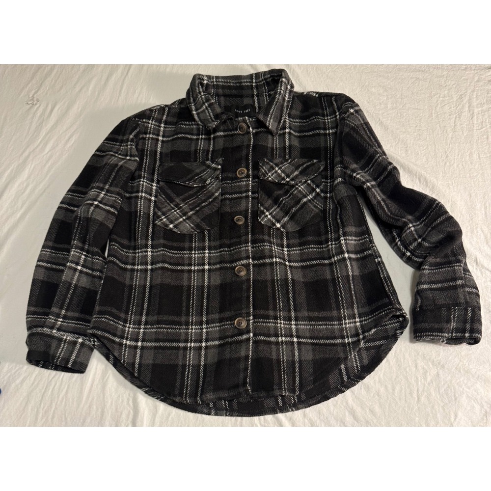 Oversized Lumberjack Love Tree Plaid Shacket Small Grey Checkered Button Down